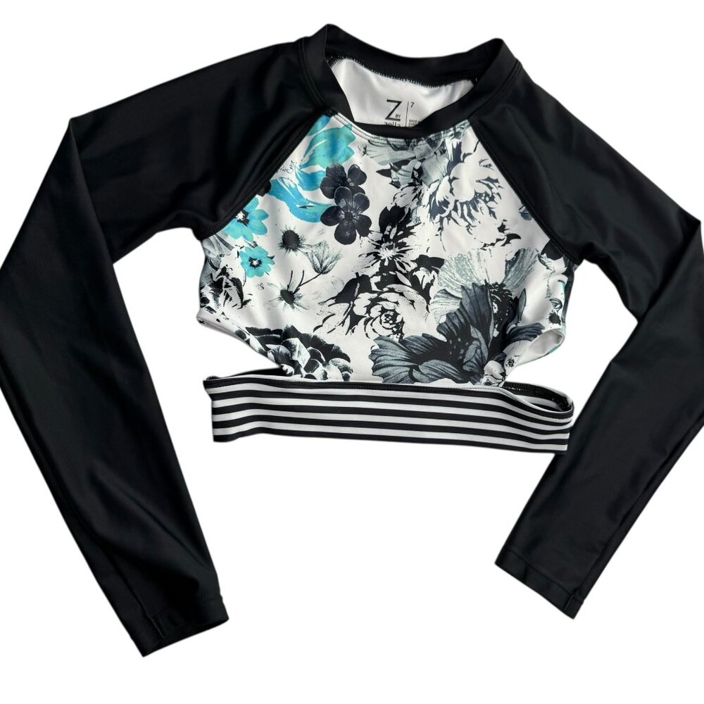 Zella Girl's Rash Guard Swim Shirt. Size Girl's 7.  Floral White Black Blue